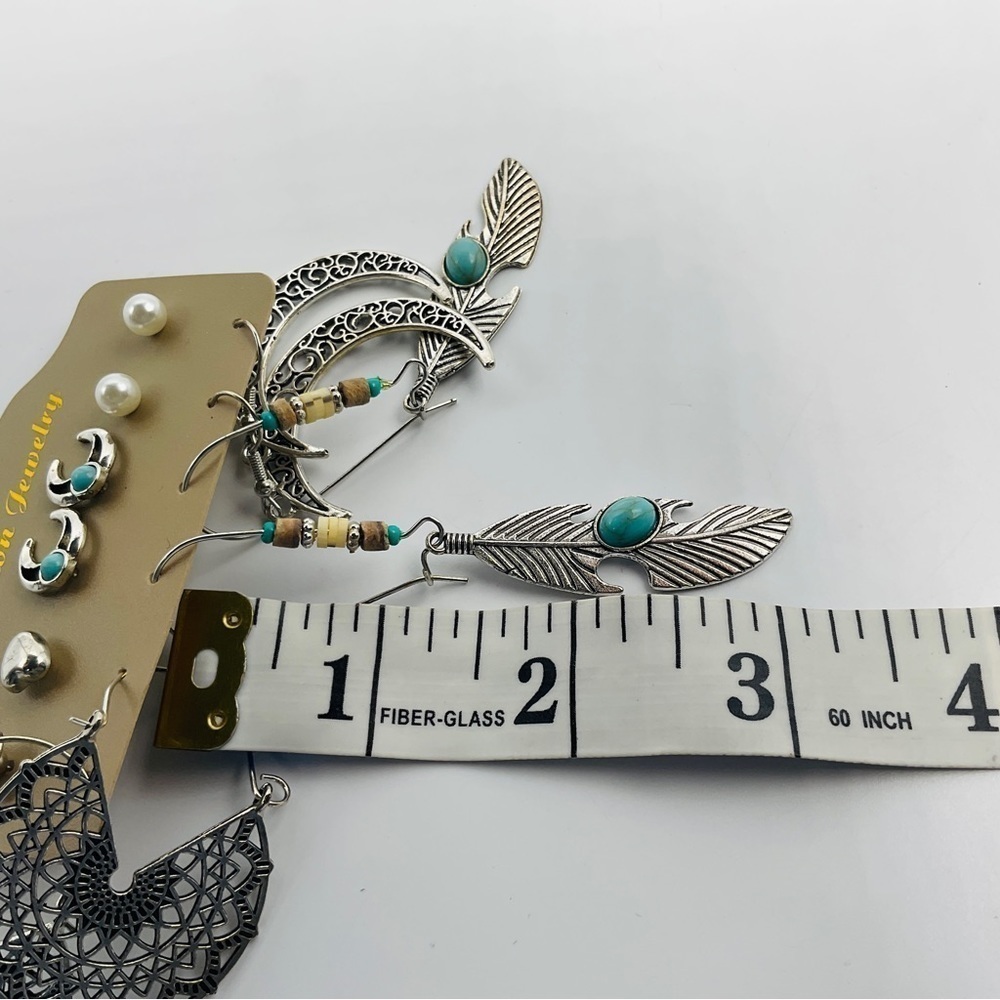 6 Pairs Boho Stud Earring Set Bohemian Feather Heart Dangle Jewelry Silver Tone - Picture 8 of 8